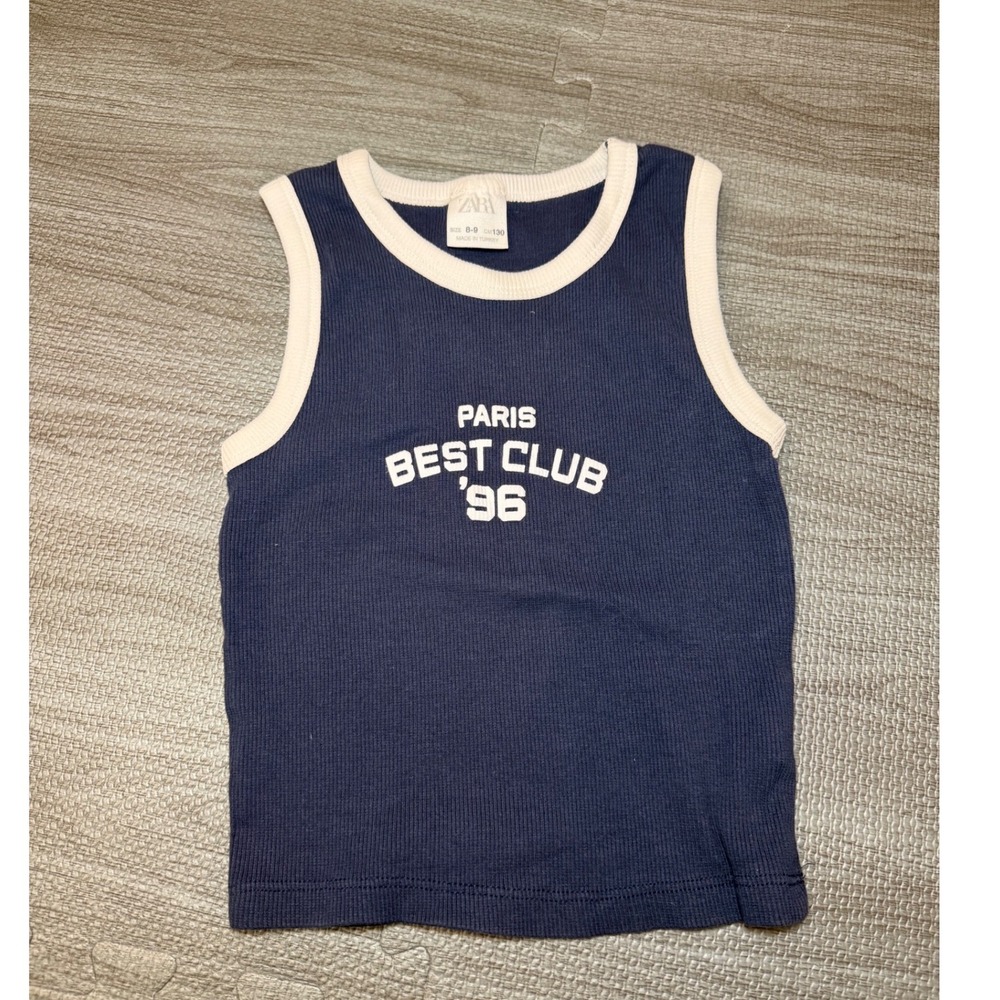 Zara Kids Navy Blue Paris Best Club 96 Ringer Tank Top Ribbed Size 8-9